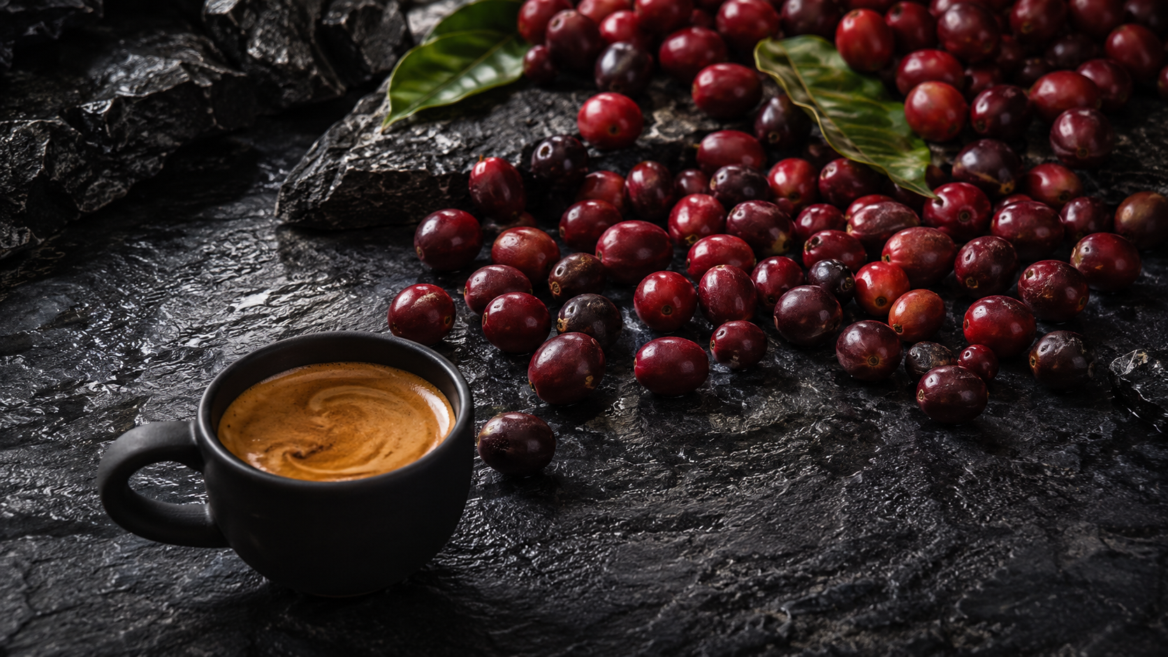 Čerstvo zozbierané kávové čerešne a espresso